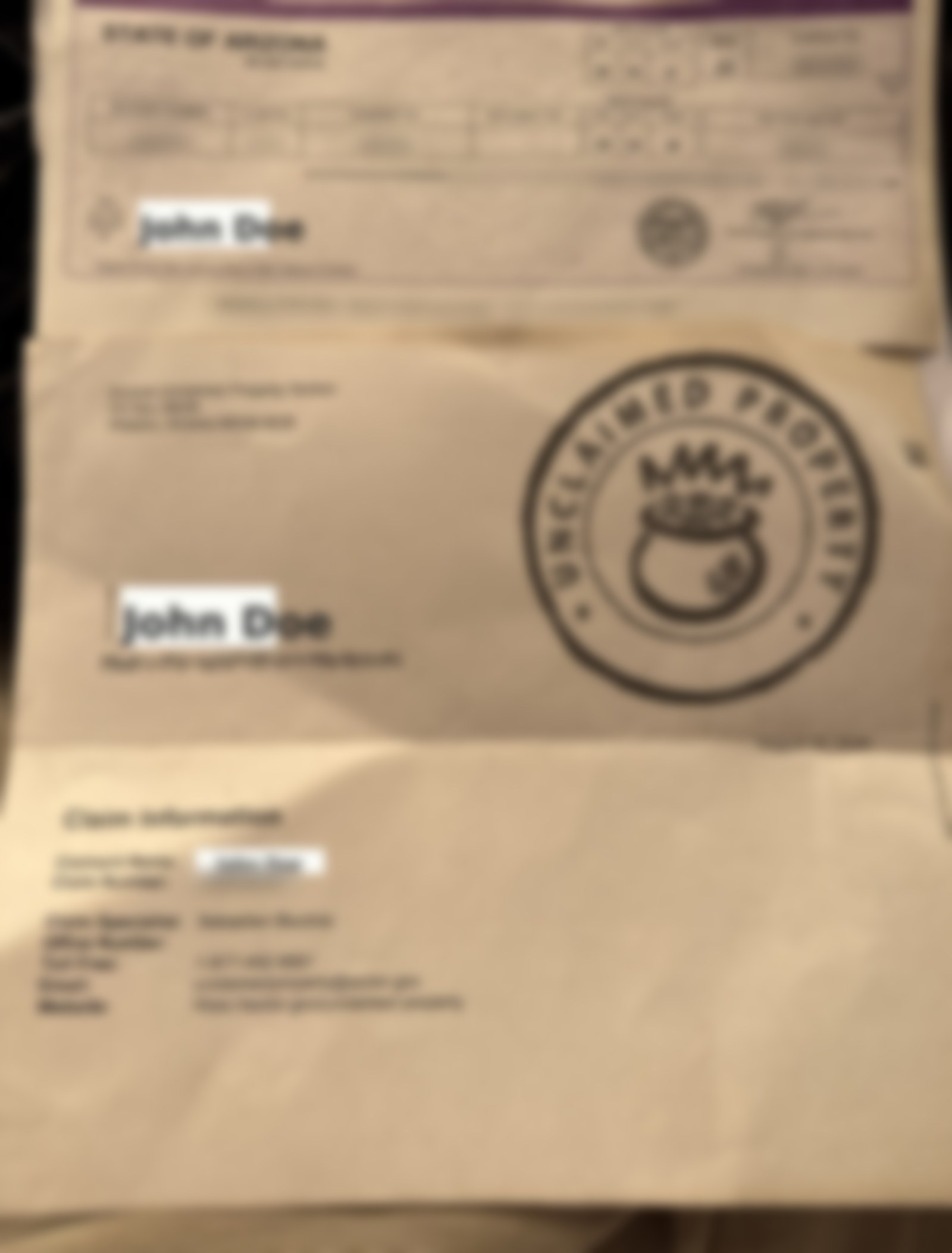 Redacted Arizona unclaimed property warrant check for approximately $866